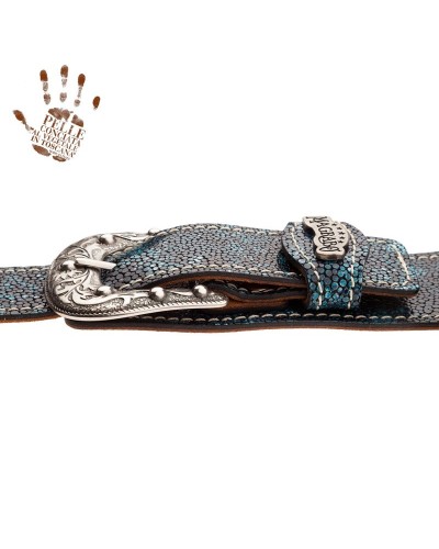 magrabò guitar straps | twin buckle ts embossed seurat petrolio 7 cm sun silver buckle