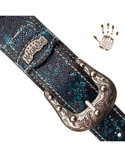 Guitar Strap Petrol Green Certified Vegetable Tanned Leather 7 Cm Sun Seurat Twin Buckle TS Embossed 