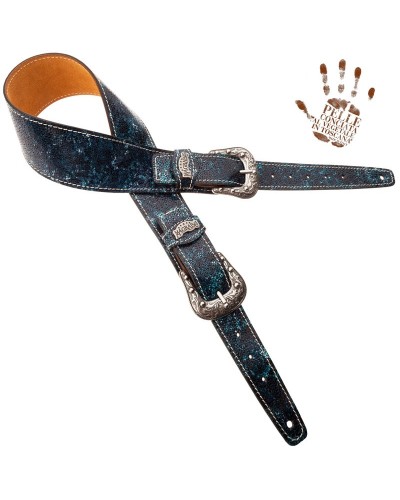 Guitar Strap Petrol Green Certified Vegetable Tanned Leather 7 Cm Sun Seurat Twin Buckle TS Embossed 