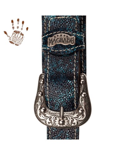 Guitar Strap Petrol Green Certified Vegetable Tanned Leather 7 Cm Sun Seurat Twin Buckle TS Embossed 