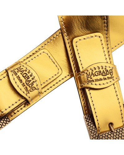 Guitar Strap Gold Genuine Leather 7 Cm Scaled Twin Buckle TS Metallic 