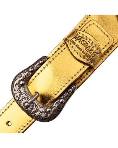 Guitar Strap Gold Genuine Leather 7 Cm Sun Twin Buckle TS Metallic 