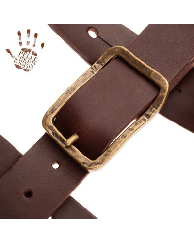 belt & strap cintura in vera pelle di toro marrone scuro 4 cm, fibbia old square ottone