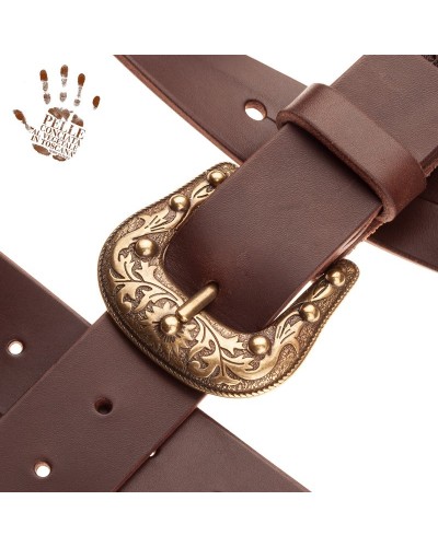 belt & strap cintura in vera pelle di toro marrone scuro 4 cm, fibbia sun ottone