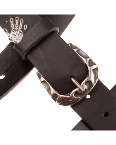 belt & strap cintura in vera pelle di toro nero 4 cm, fibbia flames argento