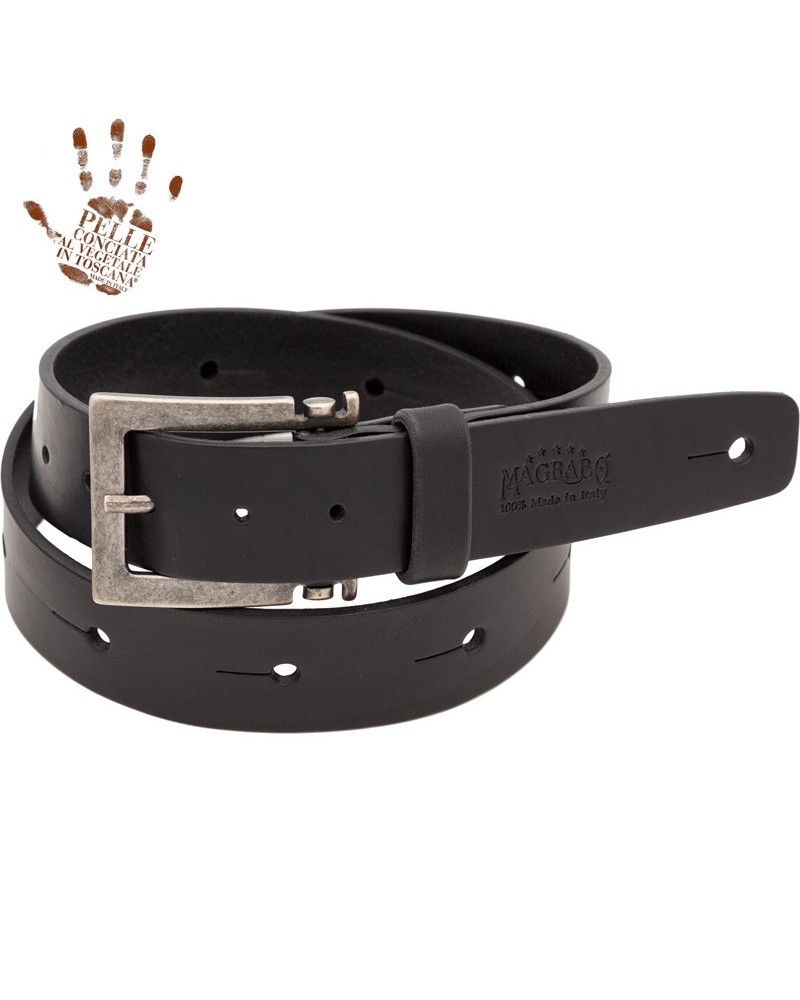 belt & strap cintura in vera pelle di toro nero 4 cm, fibbia meccano argento