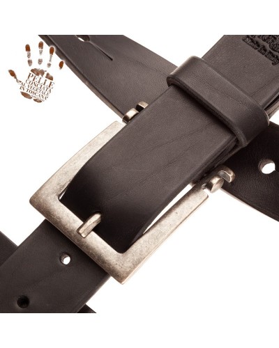 belt & strap cintura in vera pelle di toro nero 4 cm, fibbia meccano argento