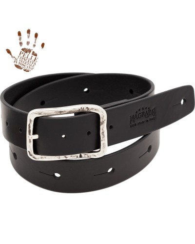 belt & strap cintura in vera pelle di toro nero 4 cm, fibbia old square argento