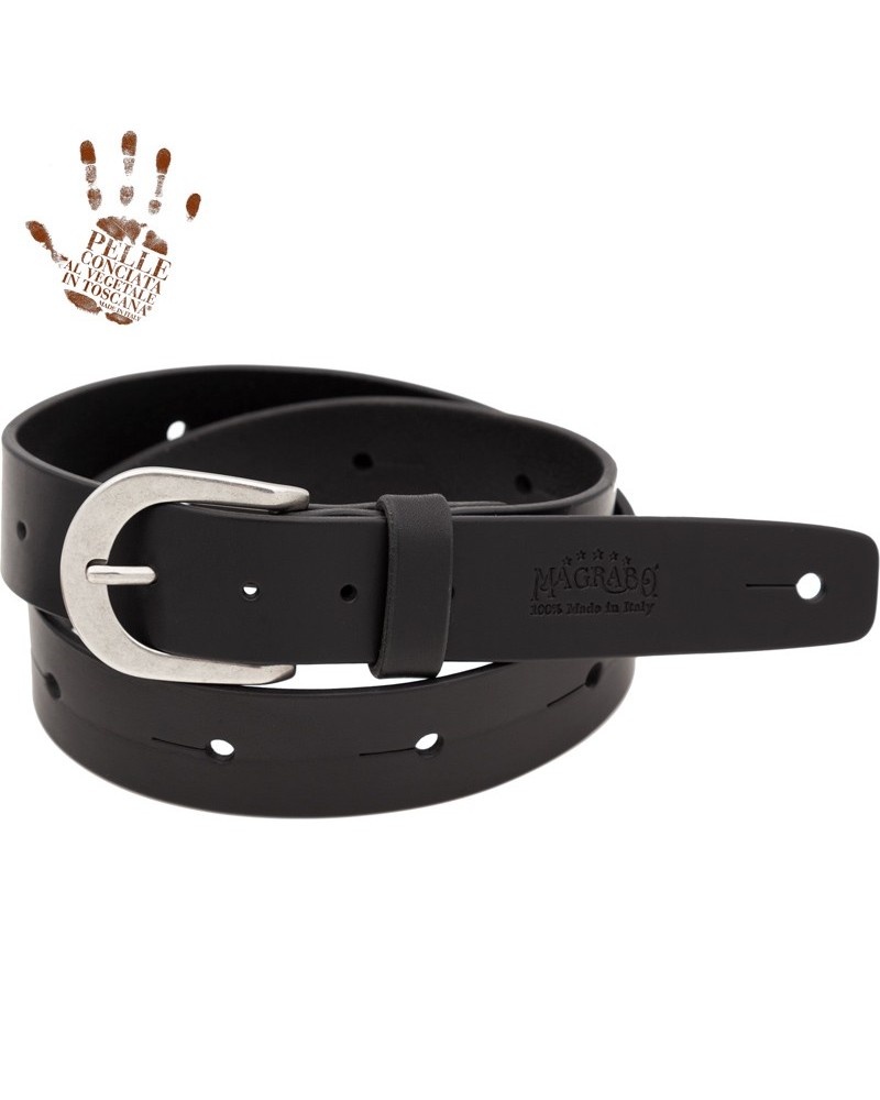 belt & strap cintura in vera pelle di toro nero 4 cm, fibbia round argento