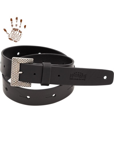 belt & strap cintura in vera pelle di toro nero 4 cm, fibbia scaled argento