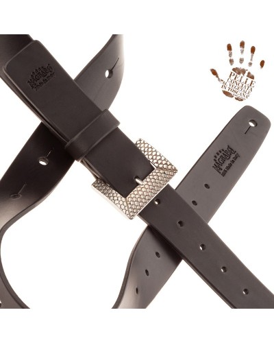 belt & strap cintura in vera pelle di toro nero 4 cm, fibbia scaled argento