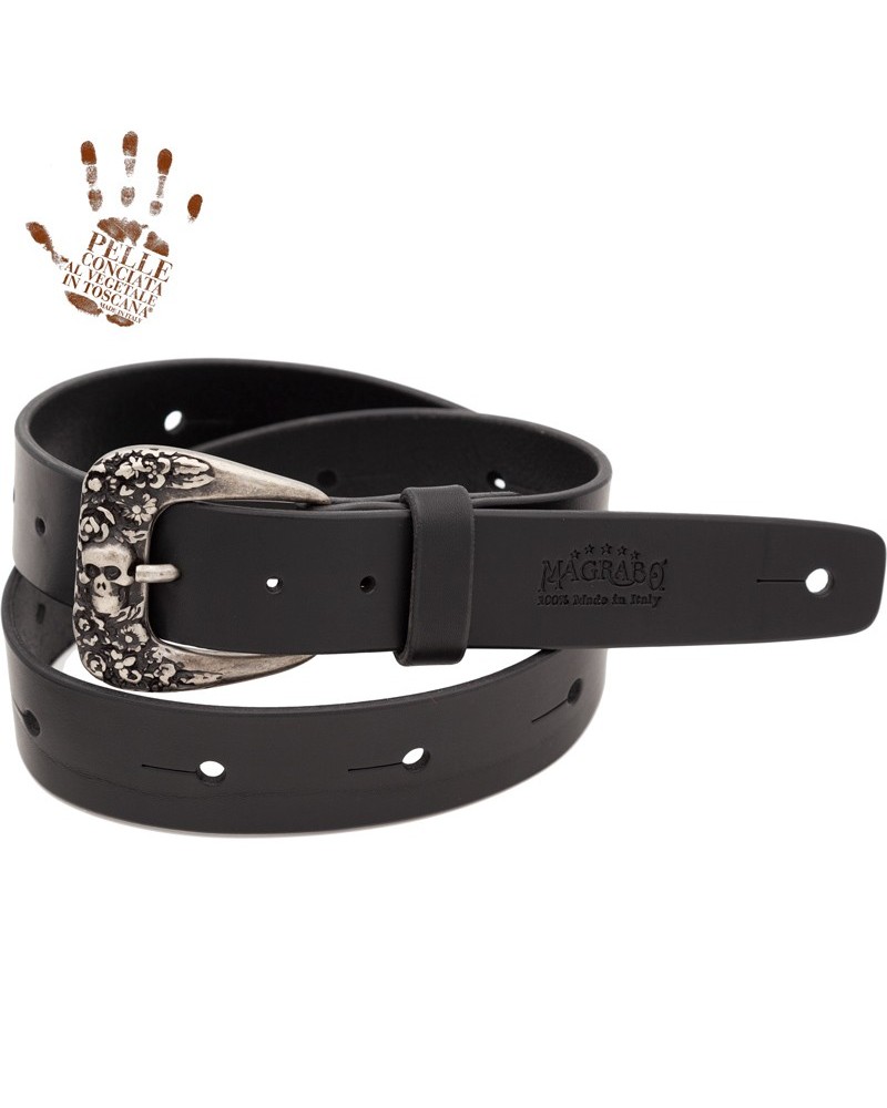 belt & strap cintura in vera pelle di toro nero 4 cm, fibbia skull & roses