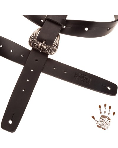 magrabò guitar straps | belt & strap in genuine bull leather, black 4 cm, skull & roses silver buckle