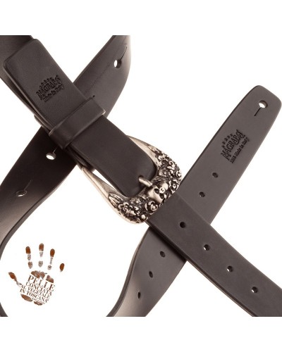 magrabò guitar straps | belt & strap in genuine bull leather, black 4 cm, skull & roses silver buckle