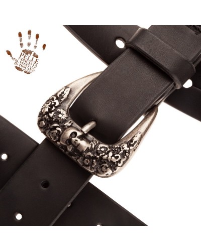 belt & strap cintura in vera pelle di toro nero 4 cm, fibbia skull & roses