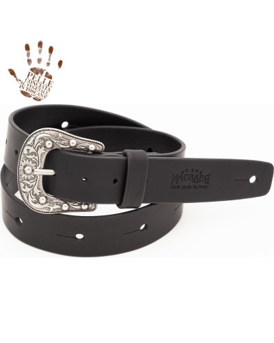 belt & strap cintura in vera pelle di toro nero 4 cm, fibbia sun argento