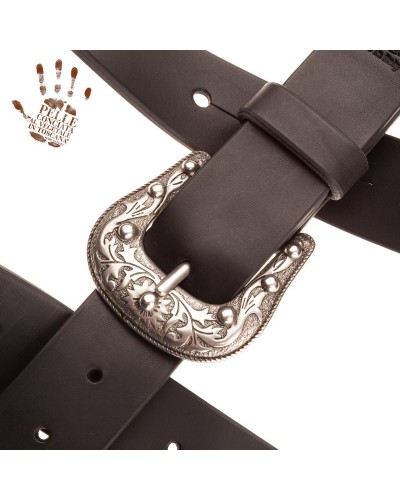 belt & strap cintura in vera pelle di toro nero 4 cm, fibbia sun argento