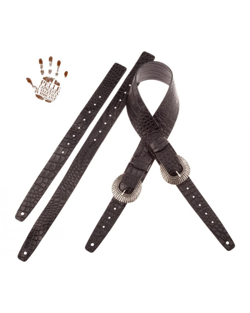 Tracolla per Chitarra e Basso Nero Vera Pelle Conciata Al Vegetale 7 Cm Indian Cocco Pros Twin Buckle TC Embossed 