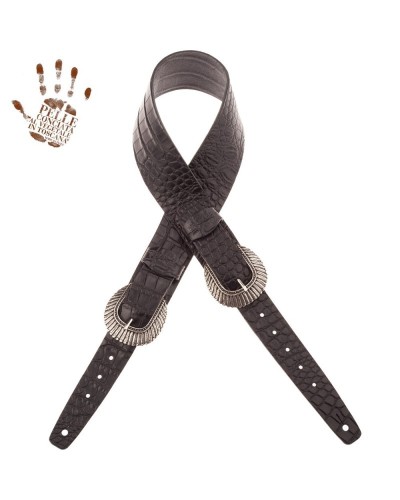 Tracolla per Chitarra e Basso Nero Vera Pelle Conciata Al Vegetale 7 Cm Indian Cocco Pros Twin Buckle TC Embossed 