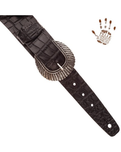 Tracolla per Chitarra e Basso Nero Vera Pelle Conciata Al Vegetale 7 Cm Indian Cocco Pros Twin Buckle TC Embossed 