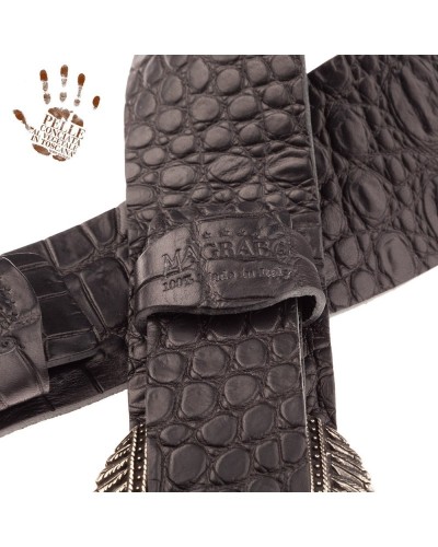 Guitar Strap Black Certified Vegetable Tanned Leather 7 Cm Indian Cocco Pros Twin Buckle TC Embossed 