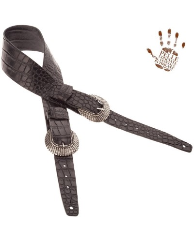 Tracolla per Chitarra e Basso Nero Vera Pelle Conciata Al Vegetale 7 Cm Indian Cocco Pros Twin Buckle TC Embossed 