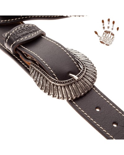 Guitar Strap Black Certified Vegetable Tanned Leather 7 Cm Indian Twin Buckle TS Core 