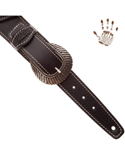 Guitar Strap Black Certified Vegetable Tanned Leather 7 Cm Indian Twin Buckle TS Core 