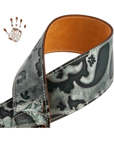 Guitar Strap Green Certified Vegetable Tanned Leather 7 Cm Sun Grifo Twin Buckle TS Embossed 