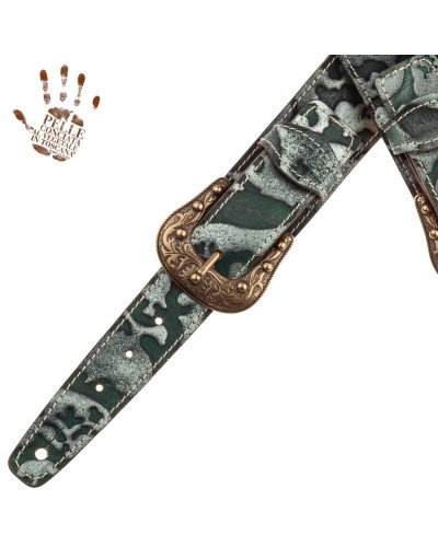 Guitar Strap Green Certified Vegetable Tanned Leather 7 Cm Sun Grifo Twin Buckle TS Embossed 