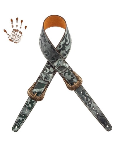 Guitar Strap Green Certified Vegetable Tanned Leather 7 Cm Sun Grifo Twin Buckle TS Embossed 