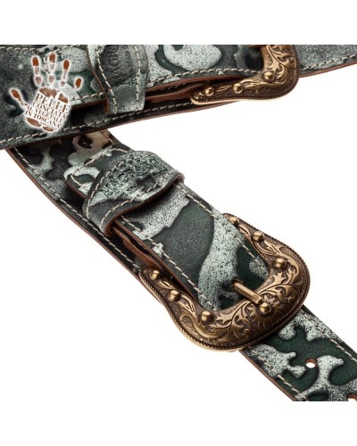 Guitar Strap Green Certified Vegetable Tanned Leather 7 Cm Sun Grifo Twin Buckle TS Embossed 