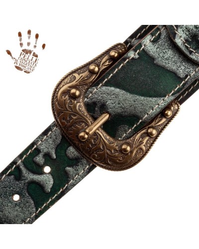 Guitar Strap Green Certified Vegetable Tanned Leather 7 Cm Sun Grifo Twin Buckle TS Embossed 