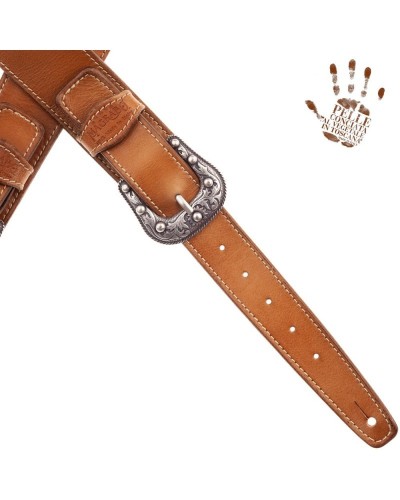 Guitar Strap Brown Certified Vegetable Tanned Leather 7 Cm Sun Twin Buckle TS Stone Washed 