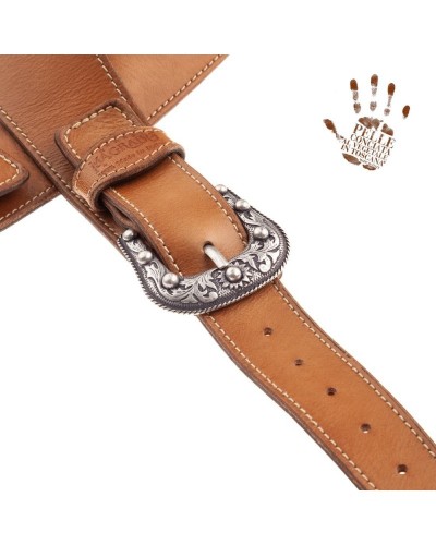 Guitar Strap Brown Certified Vegetable Tanned Leather 7 Cm Sun Twin Buckle TS Stone Washed 