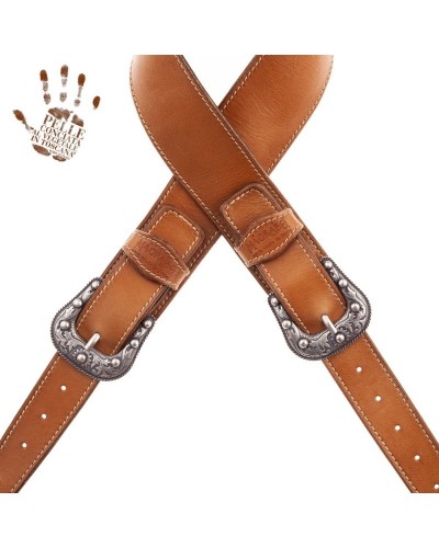 Guitar Strap Brown Certified Vegetable Tanned Leather 7 Cm Sun Twin Buckle TS Stone Washed 