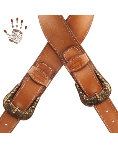 Tracolla per Chitarra e Basso Marrone Vera Pelle Conciata Al Vegetale 7 Cm Sun Twin Buckle TS Stone Washed 