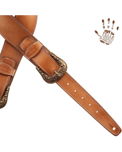 Guitar Strap Brown Certified Vegetable Tanned Leather 7 Cm Sun Twin Buckle TS Stone Washed 