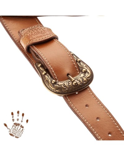 Guitar Strap Brown Certified Vegetable Tanned Leather 7 Cm Sun Twin Buckle TS Stone Washed 