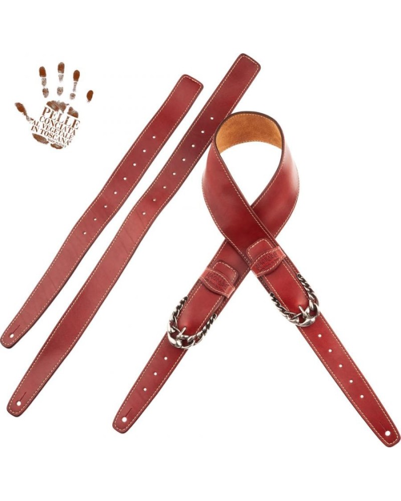 Tracolla per Chitarra e Basso Rosso Vera Pelle Conciata Al Vegetale 7 Cm Chord Twin Buckle TS Stone Washed 