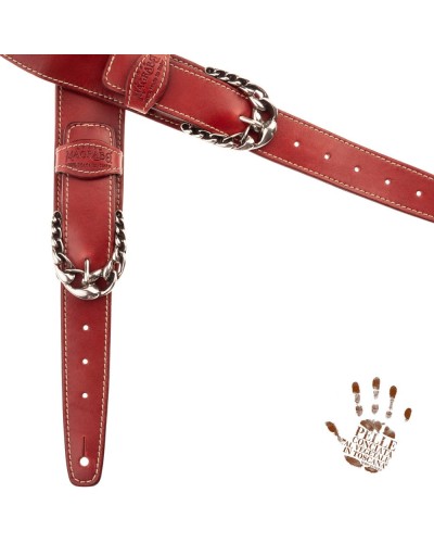 Tracolla per Chitarra e Basso Rosso Vera Pelle Conciata Al Vegetale 7 Cm Chord Twin Buckle TS Stone Washed 