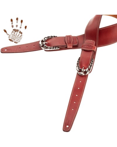 Tracolla per Chitarra e Basso Rosso Vera Pelle Conciata Al Vegetale 7 Cm Chord Twin Buckle TS Stone Washed 