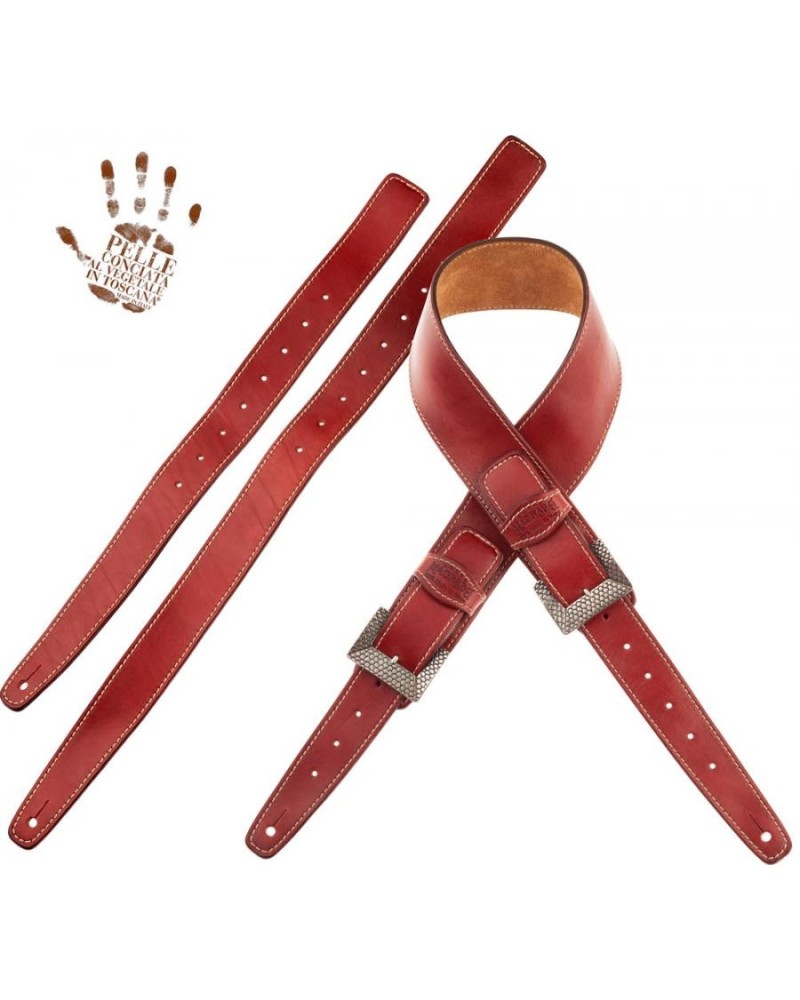 Tracolla per Chitarra e Basso Rosso Vera Pelle Conciata Al Vegetale 7 Cm Scale Twin Buckle TS Stone Washed 