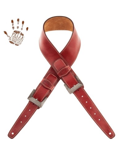 Tracolla per Chitarra e Basso Rosso Vera Pelle Conciata Al Vegetale 7 Cm Scale Twin Buckle TS Stone Washed 