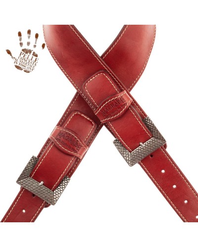 Tracolla per Chitarra e Basso Rosso Vera Pelle Conciata Al Vegetale 7 Cm Scale Twin Buckle TS Stone Washed 