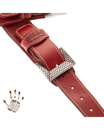 Tracolla per Chitarra e Basso Rosso Vera Pelle Conciata Al Vegetale 7 Cm Scale Twin Buckle TS Stone Washed 