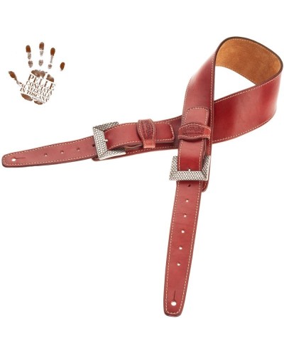 Tracolla per Chitarra e Basso Rosso Vera Pelle Conciata Al Vegetale 7 Cm Scale Twin Buckle TS Stone Washed 