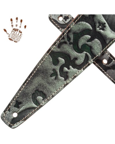 Tracolla per Chitarra e Basso Verde Vera Pelle Conciata Al Vegetale 8 Cm Grifo Holes HS Embossed 