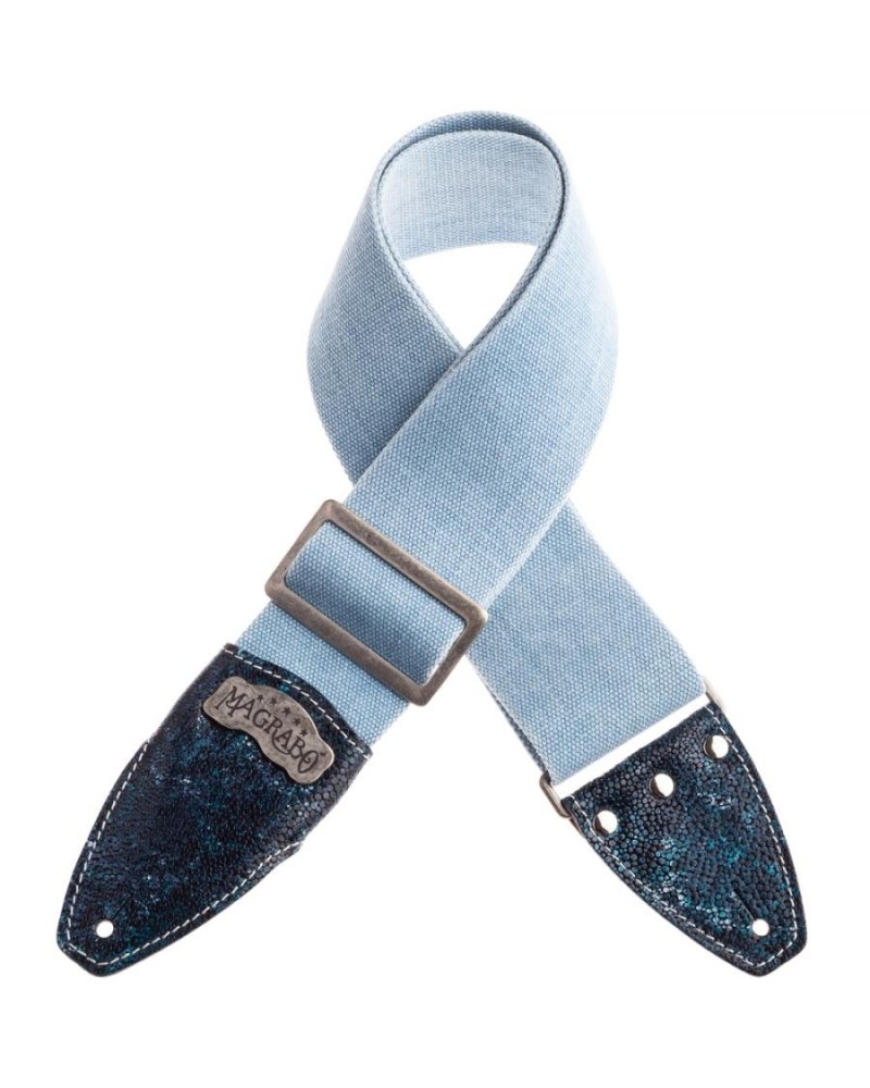 magrabò guitar straps | stripe ss special cotton washed celste 8 cm terminals seurat petrolio, fibbia argento