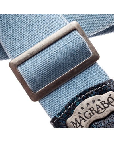 magrabò guitar straps | stripe ss special cotton washed celste 8 cm terminals seurat petrolio, fibbia argento